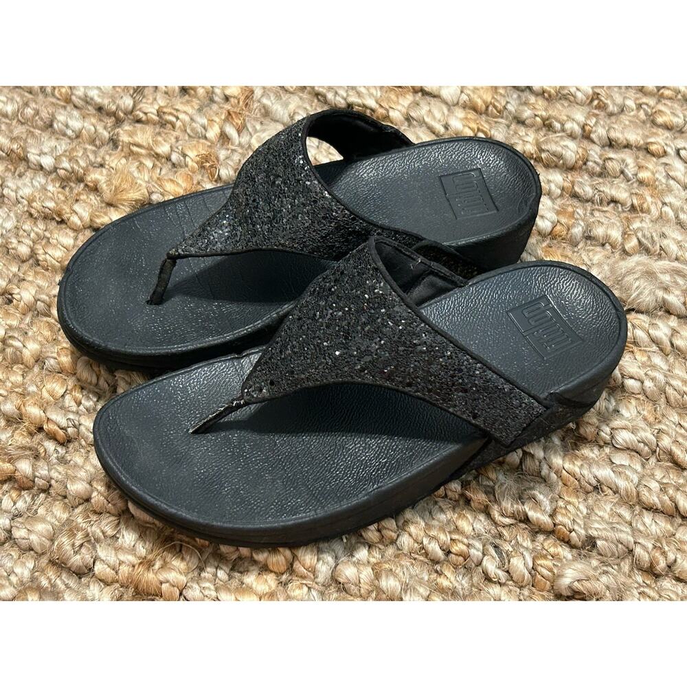 Fitflop Women's LuLu Glitter Toe-Post Sandals Thong X03-339 Black Size 7
